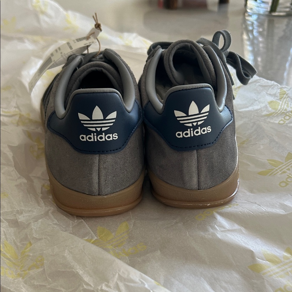 adidas Gazelle Gray Suede Sneakers with Navy Stripes and Gum Sole - Picture 2 of 4